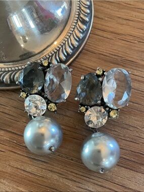 Vintage J. Crew Smokey Gray And Clear Crystal Pearl Drop Earrings Circa Y2K